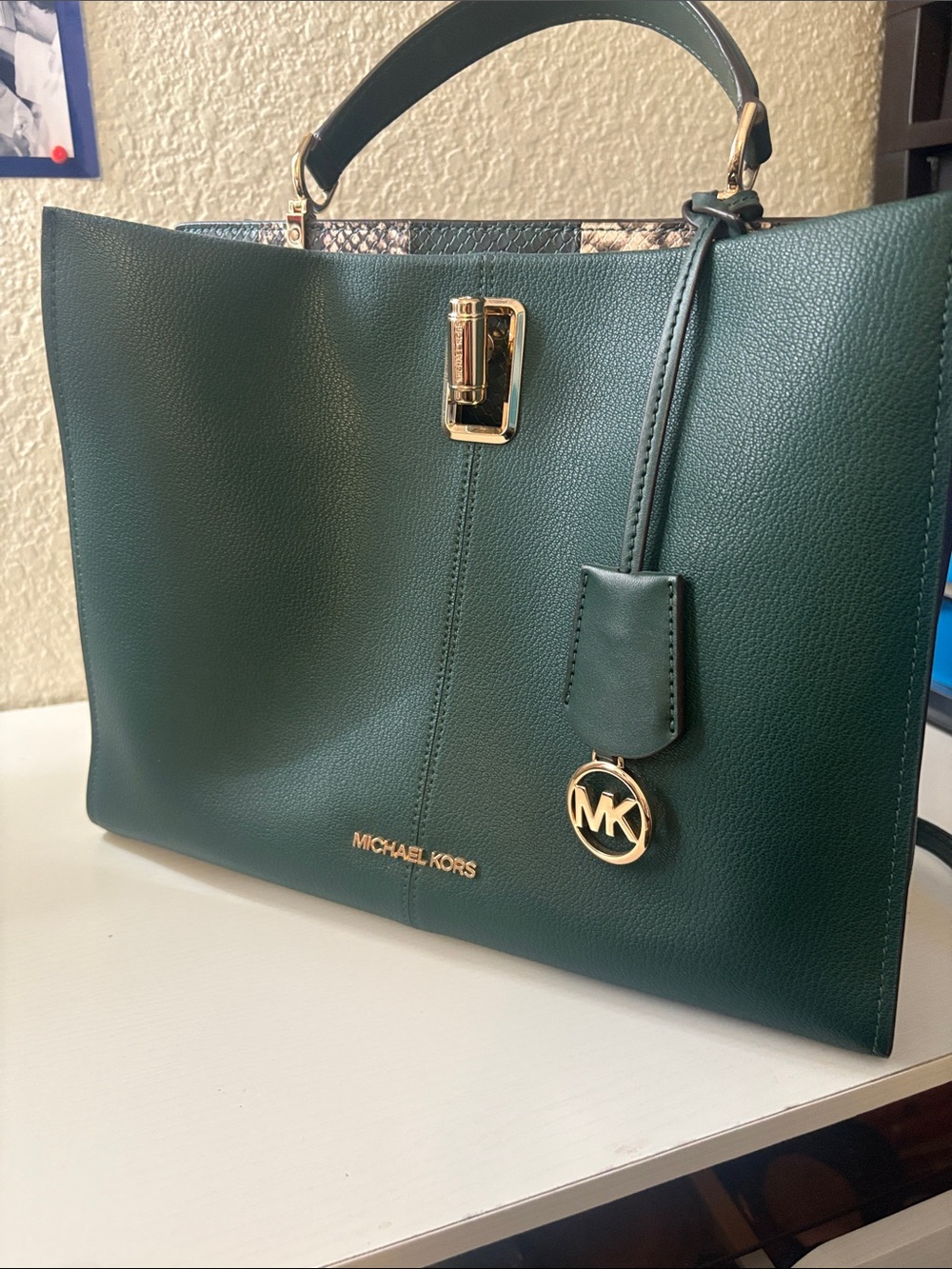 Michael Kors Dark Green Leather Satchel with Gold Hardware